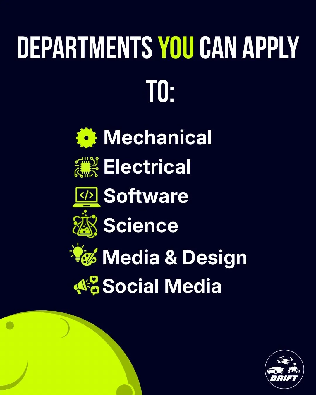 Apply to Mechanical, Electrical, Software, Science, Media & Design, or Social Media.